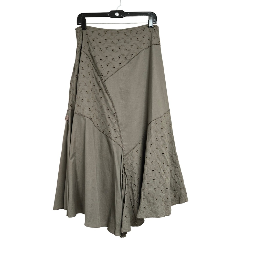 Linea Domani Eyelet Lace Patchwork Midi Skirt Bohomian Brown Womens Size 10